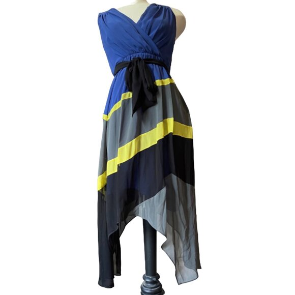 Max and Cleo Sheer Asymmetrical Dress Sz 4 (Small) Striped Blue, Yellow, & Gray - Picture 12 of 15